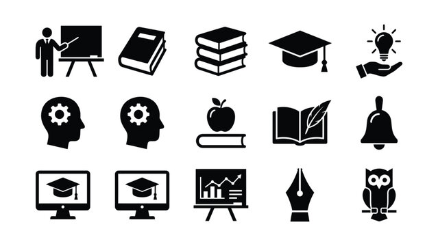 Educational icons set including graduation books learning and teaching symbols in black on white background for academic and business purposes