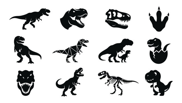 Collection of black dinosaur silhouettes and skeleton illustrations on white background for design