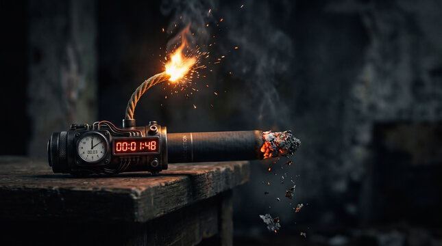 dynamite bomb with burning fuse on wooden table high quality professional