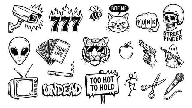 Collection of black and white tattoo stickers featuring various symbols and phrases including skulls animals and humorous slogans on a white background