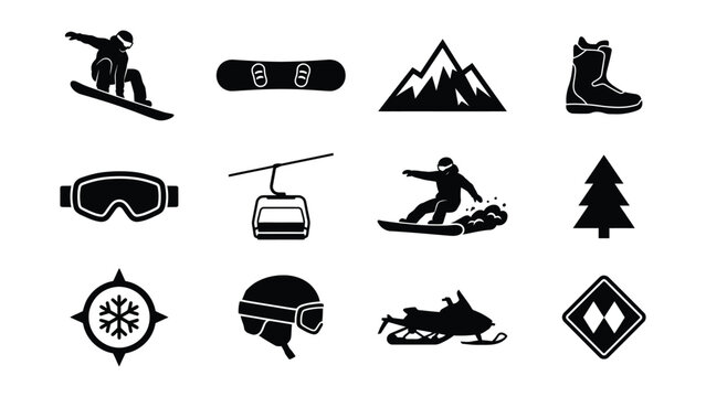 Winter sports icons set including snowboarding skiing and snowmobiling symbols
