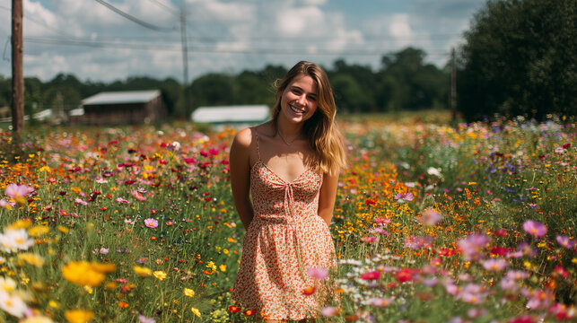 Smiling woman in peach dress standing in colorful wildflower field on a sunny summer day
