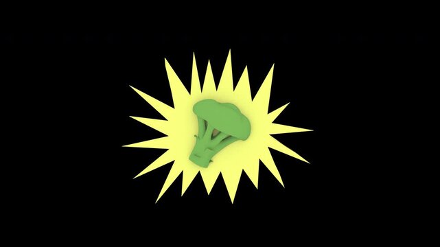 broccoli floret is dramatically highlighted against a bursting yellow star 3d animation with Alpha Channel