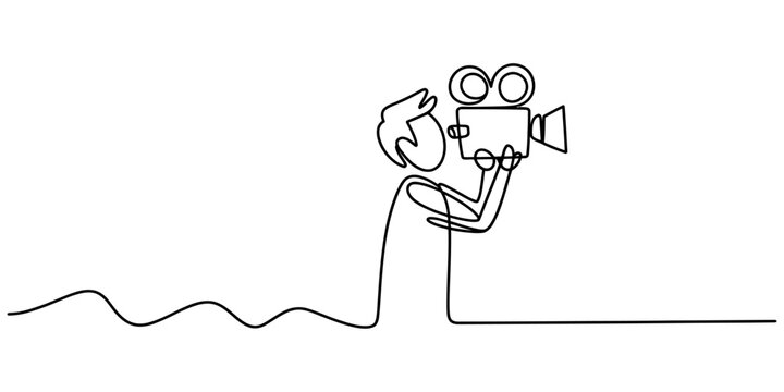 Continuous single line drawing of a cameraman holding a vintage movie camera filming a scene for a film production project in a minimal artistic style