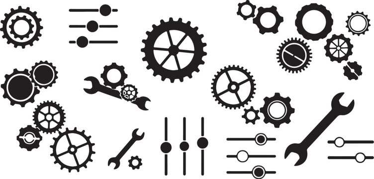 Black gears and wrenches on white background tools mechanical