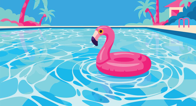 A pink flamingo pool float in a swimming pool