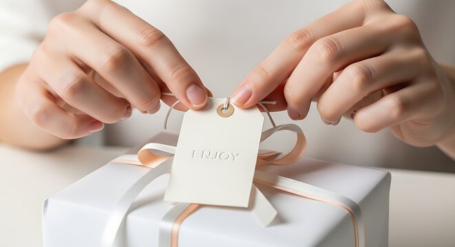 Gift box with ribbon and tag being opened by hands for celebration and special occasions featuring opening, present, wrapping with packaging and