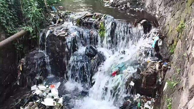Small stream waterfall heavily polluted with plastic garbage and waste flowing over rocks
