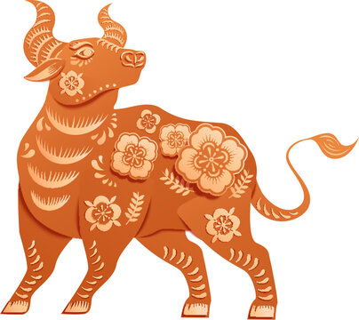 Papercut red cow with floral patterns