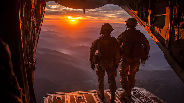 Two paratroopers preparing to jump from aircraft at sunset during dramatic military mission