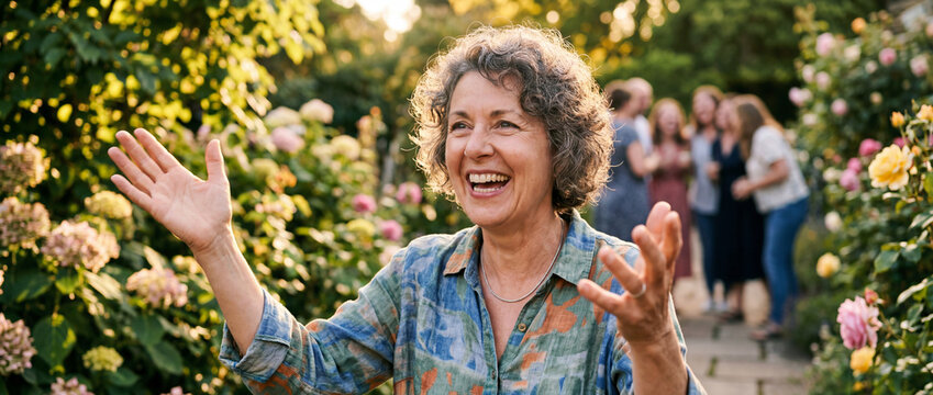 feeling happiness expression openart.ai concept. Happy older woman with curly gray hair enjoying a garden party with friends in the background.