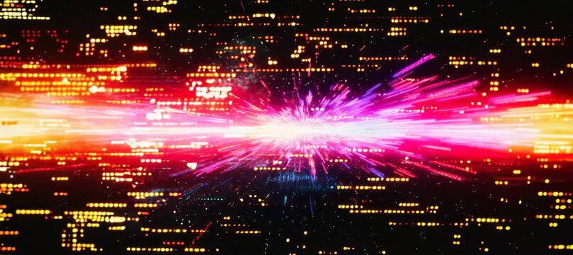Abstract screen glitch and colorful burst light motion. Generative video AI technology.	
