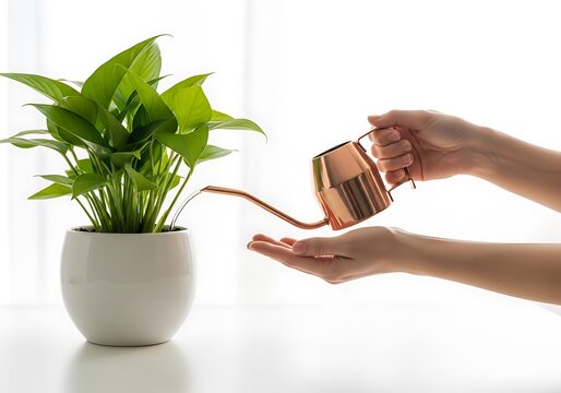 Closeup of a person watering a potted plant with a small copper watering can