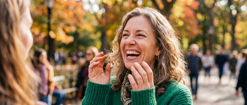 feeling happiness expression openart.ai concept. Two women enjoying a joyful conversation outdoors in a park during autumn.