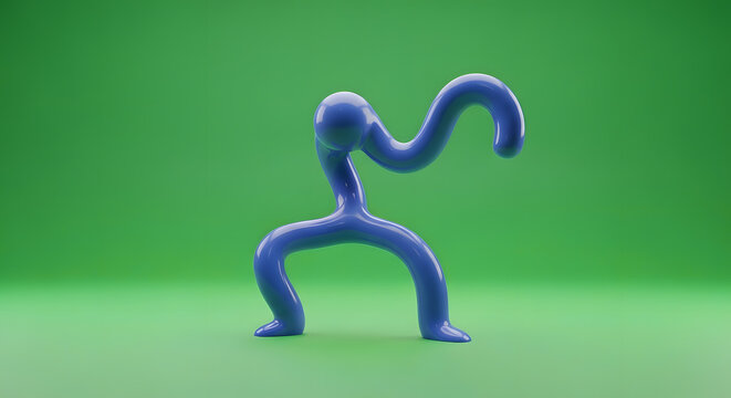 Blue character poses on green screen with bent legs and extended arm