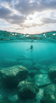 Deep teal ocean water and rocky seabed with person diving for nature documentaries, environmental conservation campaigns and travel advertising backgrounds