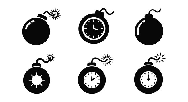 bomb icons with clock and fuse silhouette