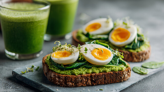 Folate rich breakfast with eggs avocado toast spinach smoothie showcasing pregnancy nutrition prenatal wellness and healthy lifestyle concept