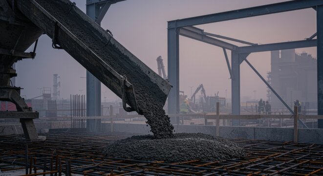 Wet concrete pouring from a metal chute onto a steel reinforcement grid at an urban site for industrial construction, architectural engineering and building development