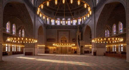 Obraz premium Grand Hall of a Mosque with Intricate Architecture and Stunning Chandeliers