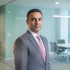 Fototapeta premium Confident mature businessman standing in modern glass office interior for corporate branding, professional financial services and executive leadership advertising
