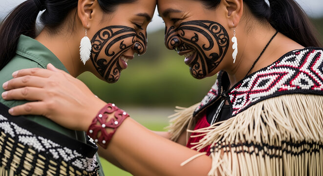 Two women with intricate facial tattoos share a traditional greeting by touching their foreheads together with closed eyes