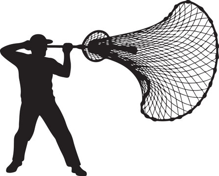 Man in silhouette holding large fishing net on pole black