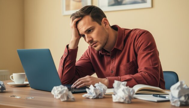 Stressed young man resting head on hand while working at laptop for workplace mental health, productivity coaching and burnout management marketing in a home office
