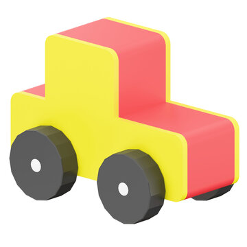 Simple Red and Yellow Wooden Toy Car Isolated