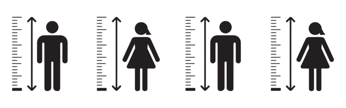 Height measurement icons, male female vector set, human height scale, measuring symbols, body size chart, infographic elements, minimal line icons, design resource