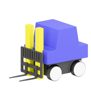 Stylized 3D illustration of a blue forklift truck with yellow lifting forks