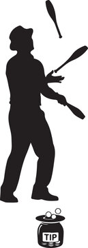 Silhouette of man juggling clubs with tip jar