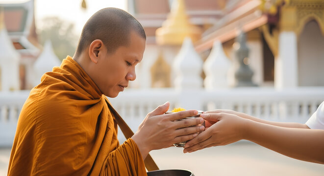 A profile view of a monk in orange robes receiving food or flowers from a devotee in a silver bowl