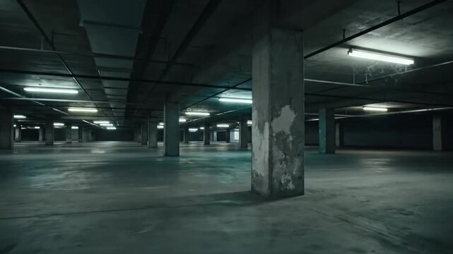 Dimly lit underground parking garage with concrete pillars, empty space, and reflections on a wet floor.