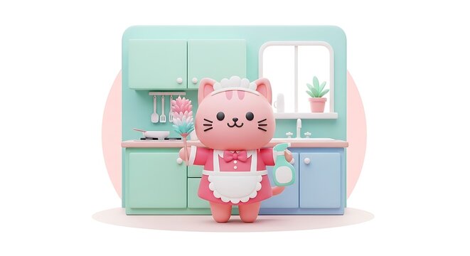 A cute, pink cat character dressed as a maid, holding cleaning tools, in a stylized kitchen setting