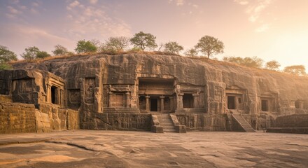 Naklejka premium Ancient rock-cut cave temple complex under a golden sunset sky for historical research, travel cinematography and heritage conservation or archaeology educational themes
