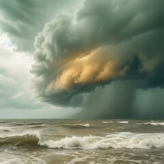 Fototapeta premium Massive storm cloud formations swirling over the ocean for extreme weather editorial, climate change awareness and dramatic atmospheric background with copy space