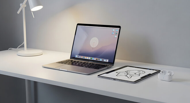 Minimalist desk with laptop, tablet, and lamp in bright studio lighting, white desk