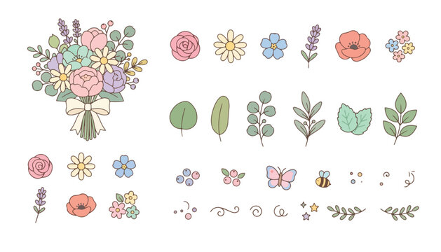 Pretty wedding bouquet and individual garden flowers, floral design elements