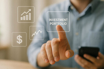 Obraz premium Businessman touching investment portfolio screen with finger