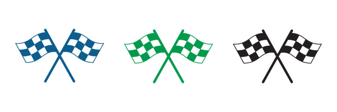 Crossed checkered racing flags icon, vector illustration, black white finish line symbol, motorsport victory competition, racing sport design element
