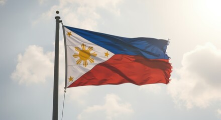 Naklejka premium Philippine flag waving on a flagpole against a cloudy white sky for national independence day, patriotic campaign features and dignified sovereign emblem storytelling