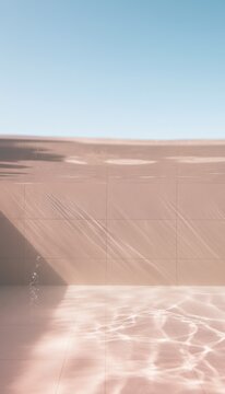 Split level view of a swimming pool with light caustics and pink underwater environment for resort lifestyle branding, aquatic editorial and luxury spa design