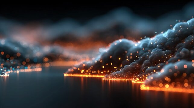 Abstract representation of hybrid cloud architecture linking public and private cloud services with interconnected data flows, secure authentication locks, floating server clusters, vibrant 
