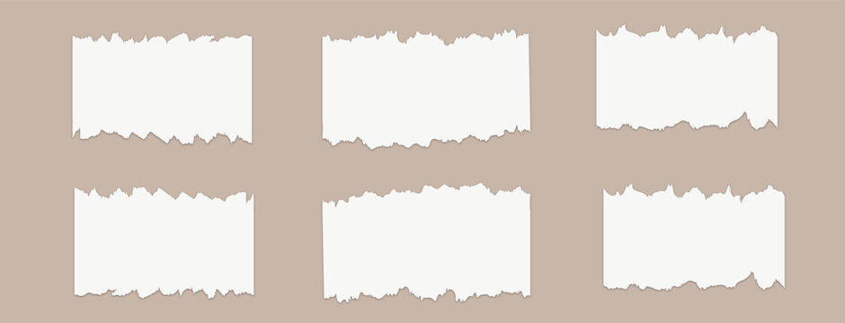 Torn notebook page or scrap note with damaged border. Realistic workbook paper sheets.  Torn blank pages with uneven texture edges. vector 