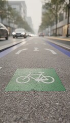 Obraz premium Protected bicycle lane symbol on a city road with blurry traffic for urban infrastructure planning, eco-friendly transport marketing and cycling safety campaigns