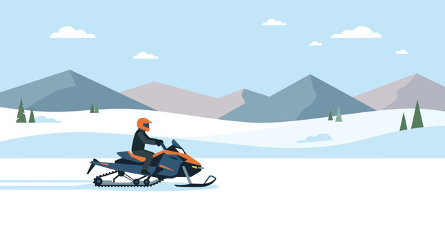 Person riding a snowmobile across a snowy mountain landscape in a flat vector illustration style