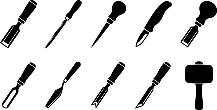 Set of various hand woodworking chisels and carving tools in a linedrawing style, ideal for craft, construction, or carpentry themed designs.
