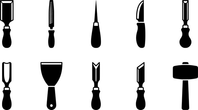Set of various hand woodworking chisels and carving tools in a linedrawing style, ideal for craft, construction, or carpentry themed designs.
