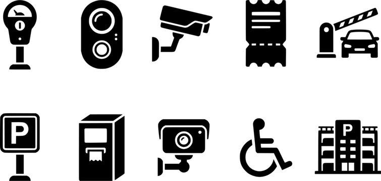 Comprehensive set of black glyph icons representing urban parking, traffic signs, surveillance, payment, and vehicle exit systems for various digital and print applications.